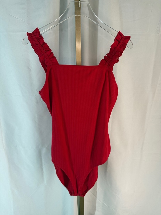 KAILEIGH Raina Ruffle Straps Knit Bodysuit Top - Small - Red - Picture 4 of 14
